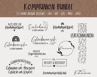 Peut inclure: Un ensemble de 12 designs dessinés à la main pour une célébration de la communion. Les designs présentent une variété de thèmes, notamment une colombe, un arc-en-ciel, des fleurs et les mots "Communion" et "Glückwünsche".