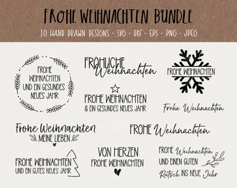 May include: A digital art bundle with the text "Frohe Weihnachten Bundle" and various hand-drawn Christmas designs in black. Includes SVG, DXF, EPS, PNG, and JPEG formats for personal and commercial use.