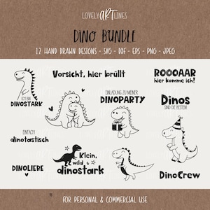 May include: A digital art bundle featuring hand-drawn dinosaur designs. The image includes various dinosaur illustrations with text such as "Dino Bundle", "DinoCrew", and "Dinostark". The designs are available in SVG, DXF, EPS, PNG, and JPEG formats.