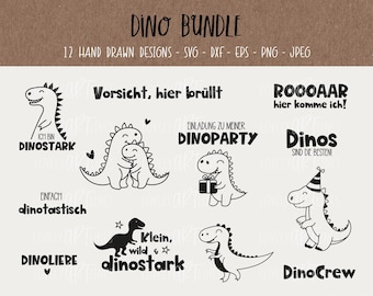 Puede incluir: Un paquete de arte digital con diseños de dinosaurios dibujados a mano. La imagen incluye varias ilustraciones de dinosaurios con texto como "Dino Bundle", "DinoCrew" y "Dinostark". Los diseños están disponibles en formatos SVG, DXF, EPS, PNG y JPEG.