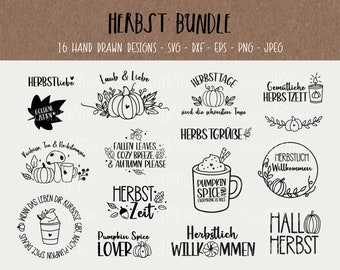 Autumn SVG Bundle, Plotter Files Autumn Wreath for Cricut, Leaves Vector Icons, Pumpkin PNG Clipart, Laser Files, eps, dxf, Quotes, German