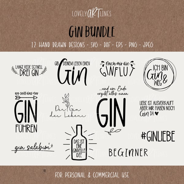 Gin SVG Bundle, Plotter Files Gin for Cricut, Gin Quotes Vector Icons, Gin PNG Clipart, dxf, eps, Quotes, German Bundle