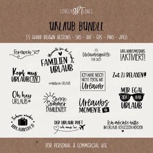 Può includere: Un set di 15 disegni a mano in bianco e nero per progetti di artigianato. I disegni presentano varie frasi legate alle vacanze e ai viaggi, come "Fernweh", "Urlaubsgrüße", "Zeit zu Relaxen" e "Der Urlaub ruft".