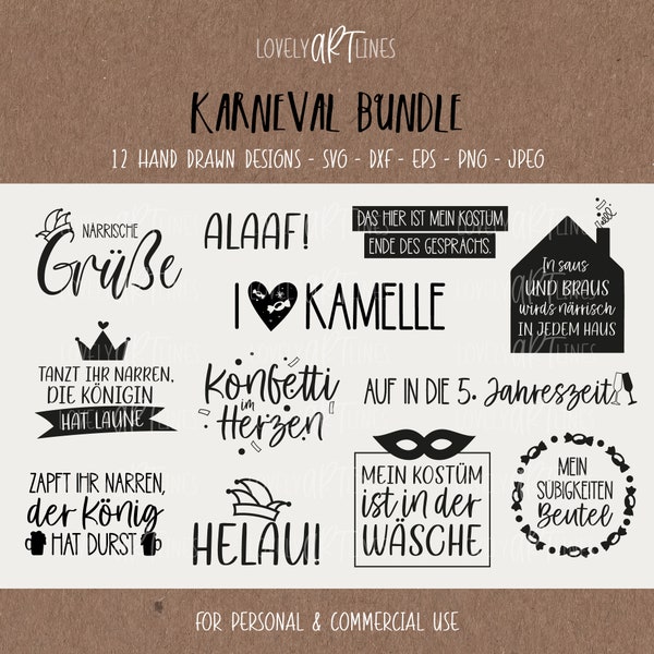 Karneval SVG Bundle, Plotterdatei Karneval für Cricut, Fasching Vector Icons, Fastnacht PNG Clipart, dxf, eps, Sprüche, Deutsches Bundle