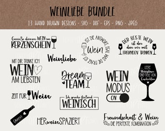 Wine Love SVG Bundle, Plotter Files Wine for Cricut, Wine Glass Vector Icon, Wine sayings PNG Clipart, dxf, eps, Laser Files, Quotes, German