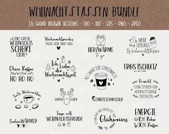 May include: A set of 16 black and white hand-drawn Christmas mug designs. The designs feature various Christmas-themed phrases and images, such as "Ganz große Weihnachtschoki Liebe", "Ohne Kaffee", "Weihnachtsmodus", "Ich Liebe die Weihnachtszeit", "Herzwärme to go", "All I Want for Christmas Is", "Winter Glück", "Tasse voll Weihnachtsfreude", "Gemütlichmacher", "Meine Lieblings Weihnachtstasse", "Frostschutz für die Seele", "Vorsicht Kann Spuren von Weihnachtsmagie enthalten", "Nur hier wegen des Glühweins", and "Energie 10% Kekse 90% Kaffee".