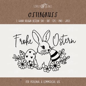 May include: Black and white line art illustration of a bunny rabbit holding an Easter egg. The bunny is surrounded by flowers and the text "Frohe Ostern" is written above the bunny.