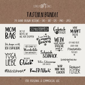 Taschen SVG Bundle, Plotterdatei Sprüche für Beutel, Jute Vector Icons, Cricut PNG Clipart, Shopping Bag, eps, dxf, Taschensprüche, Deutsch