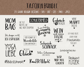 Puede incluir: Un conjunto de 19 diseños gráficos dibujados a mano en blanco y negro para bolsas. Los diseños incluyen frases como "Mom Bag", "Yoga Love", "Schulterfeld", "Wein und meine Tasche", "Gebäck Träger", "KauFRAUsch", "Fashion Flitzer" y "Meine Markt Tasche".