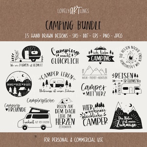 Camping SVG Bundle, Plotter Files Camper for Cricut, Vacation Vector Icons, Caravan PNG Clipart, dxf, eps, Laser Files, Quotes, German