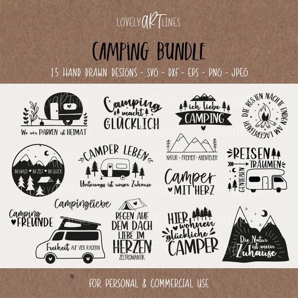 Camping SVG Bundle, Plotterdatei Camper für Cricut, Urlaubsreise Vector Icons, Wohnwagen PNG Clipart, dxf, eps, Laserdatei, Sprüche, Deutsch