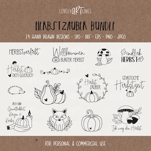 Peut inclure: Un ensemble d'art numérique avec le texte "HERBSTZAUBER BUNDLE" et "14 HAND DRAWN DESIGNS". L'image présente diverses illustrations en noir et blanc de citrouilles, de champignons et de motifs sur le thème de l'automne, parfaites pour un usage personnel et commercial.