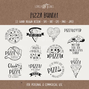 Könnte beinhalten: Ein Set mit 12 handgezeichneten Pizzadesigns in Schwarzweiß. Die Designs zeigen verschiedene pizzabezogene Sätze und Bilder, wie "Pizza Lover", "Live-Love-Eat" und "Pizza ist der Shortcut zu meinem Herzen".