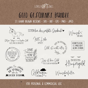 Könnte beinhalten: Ein Set mit 13 handgezeichneten Designs für Geldgeschenkumschläge. Die Designs beinhalten ein Einhorn, ein Herz, eine Wolke und verschiedene Textphrasen auf Deutsch, wie "Glitzer, Magie & ein bisschen Geld" und "Geld ist nicht alles".