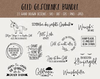 Monetary Gifts SVG Bundle, Plotter Files Gift for Cricut, Gifting Vector Icons, Packing PNG Clipart, Laser Files, eps, dxf, Quotes, German