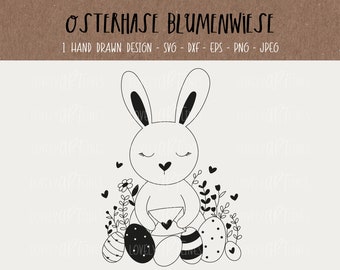 Easter Bunny Flower Meadow SVG Design, Plotter File Bunny for Cricut, Easter Icon, Easter Egg PNG Clipart, dxf, eps, Laser File, Digistamp