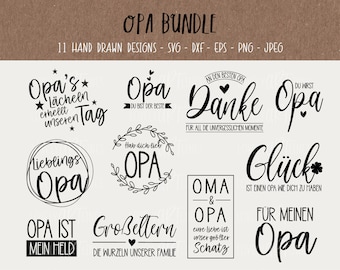 May include: A set of 11 black and white hand-drawn designs featuring the word "Opa" in various styles. The designs include phrases like "Opa's lachen erhellt unseren Tag" and "Oma & Opa eure Liebe ist unser größter Schatz".