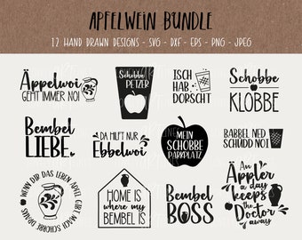 Può includere: Un set di 12 disegni a mano in bianco e nero con illustrazioni e testo relativi al sidro di mele e alla cultura tedesca. Il testo include frasi come "Äppelwoi", "Bembel Liebe", "Schobbe Petzer" e "Home is where my Bembel is".