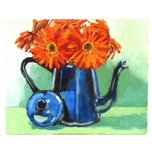 Complimentary - Orange Flowers in Blue French Coffee Pot - 8x10 - Original Oil Painting - Unframed