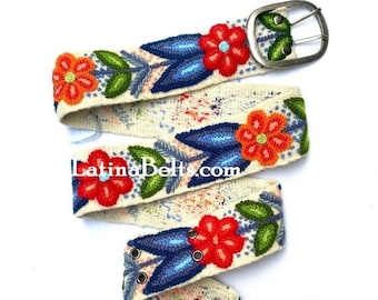 Hand embroidered belt floral white with Blue wool embroidered belts floral ethnic belt boho belt gifts for her peruvian belt wool peru belts
