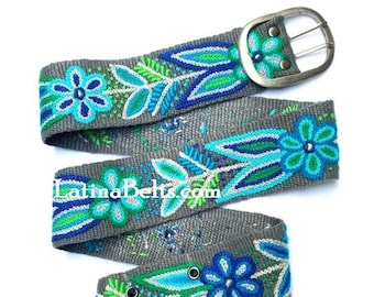 Hand embroidered belt floral Gray wool embroidered belts floral ethnic belt boho belt gifts for her peruvian belt wool peru