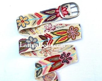 Hand embroidered belt floral White with Red wool embroidered belts floral ethnic belt boho belt gifts for her peruvian belt wool peru