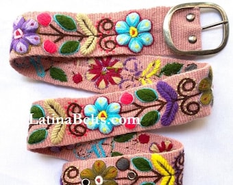 Hand embroidered belts Pink floral colorful peruvian embroidered belts floral ethnic belt boho belt wool gifts for her floral ethnic belt