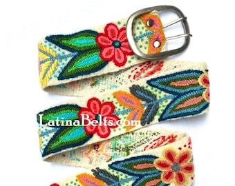 Hand embroidered belt floral White with Green wool embroidered belts floral ethnic belt boho belt gifts for her peruvian belt wool peru belt