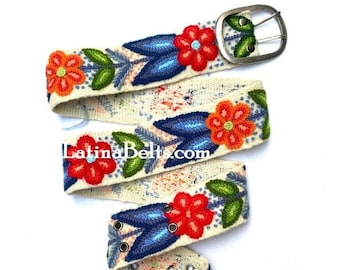Hand embroidered belt floral White with Blue wool embroidered belts floral ethnic belt boho belt gifts for her peruvian belt wool peru