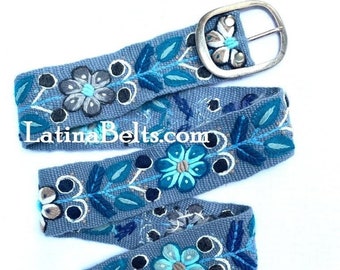 Hand embroidered belt floral Blue Steel wool embroidered belts floral ethnic belt boho belt gifts for her peruvian belt wool peru