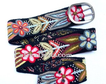 Hand embroidered belt Black with Red wool embroidered belts floral ethnic belt boho belt gifts for her peruvian belt wool peru
