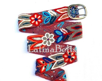 Hand embroidered belt floral Red with Gray wool embroidered belts floral ethnic belt boho belt gifts for her peruvian belt wool peru