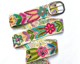 Hand embroidered belt floral White with Pink wool embroidered belts floral ethnic belt boho belt gifts for her peruvian belt wool peru belt