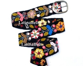 Hand embroidered belts Natural Black floral colorful peruvian embroidered belts floral ethnic belt boho belt wool gifts for her floral belt