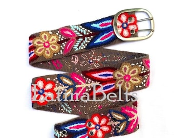 Hand embroidered belt floral Red with Blue wool embroidered belts floral ethnic belt boho belt gifts for her peruvian belt wool peru