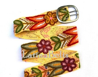 Hand embroidered belt floral Yellow wool embroidered belts floral ethnic belt boho belt gifts for her peruvian belt wool peru