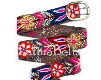 Hand embroidered belt floral Red with Blue wool embroidered belts floral ethnic belt boho belt gifts for her peruvian belt wool peru