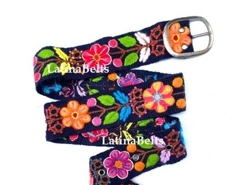 Hand embroidered belts Dark Blue floral colorful peruvian embroidered belts floral ethnic belt boho belt wool gifts for her floral belt