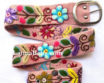 Hand embroidered belts pink floral colorful peruvian embroidered belts floral ethnic belt boho belt wool gifts for her floral ethnic belt