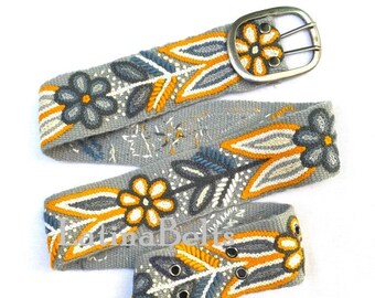 Hand embroidered belt floral Light Gray wool embroidered belts floral ethnic belt boho belt gifts for her peruvian belt wool peru