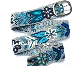 Hand embroidered belt floral Light Gray wool embroidered belts floral ethnic belt boho belt gifts for her peruvian belt wool peru belt
