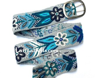 Hand embroidered belt floral Light Gray wool embroidered belts floral ethnic belt boho belt gifts for her peruvian belt wool peru