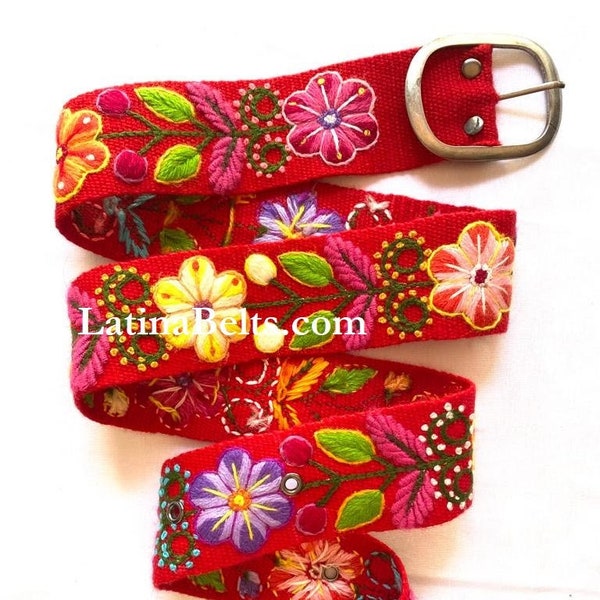 Hand bestickte Gürtel rot floral bunt peruanische bestickte Gürtel Ethno Gürtel Boho Gürtel Wolle Geschenke für ihren Ethno Gürtel