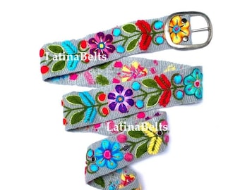 Hand embroidered belts Gray floral colorful peruvian embroidered belts floral ethnic belt boho belt wool gifts for her floral ethnic belt