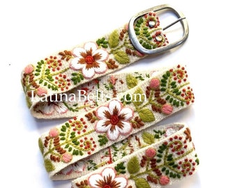 Cinturones bordados a mano florales OffWhite/Green coloridos cinturones bordados peruanos cinturón étnico floral boho cinturón regalos de lana para su cinturón floral