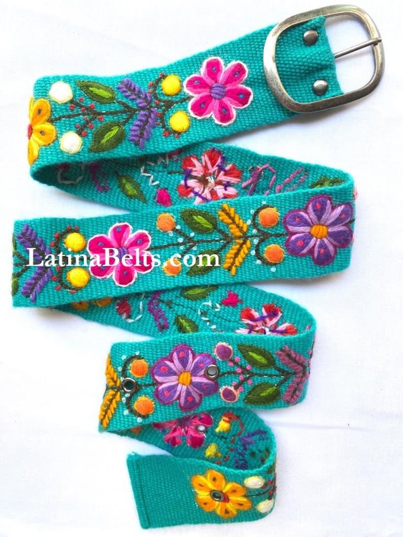 Ceintures brodées à la main ceintures brodées péruviennes colorées florales ceinture ethnique florale ceinture bohème cadeaux en laine pour elle ceinture ethnique florale Turquoise