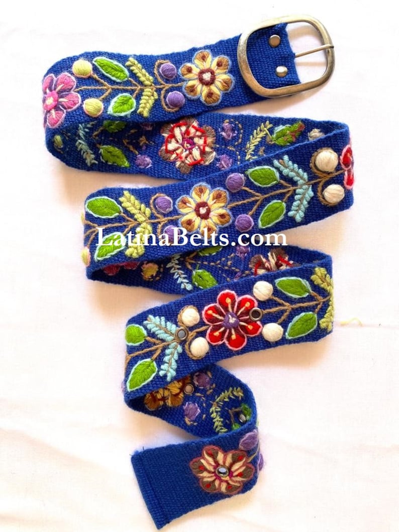 Hand bestickte Gürtel floral bunte peruanischen bestickte Gürtel Blumen ethnischen Gürtel Boho Gürtel Wolle Geschenke für sie floralen ethnischen Gürtel Blau