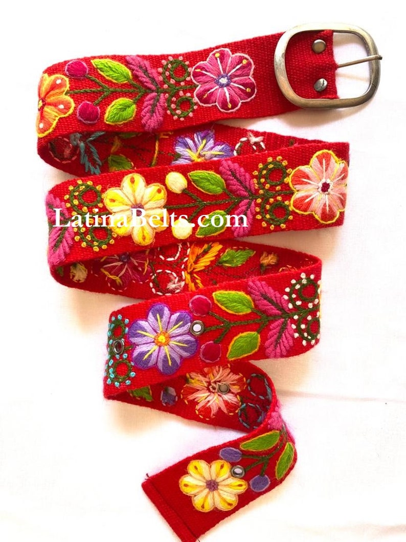 Hand bestickte Gürtel floral bunte peruanischen bestickte Gürtel Blumen ethnischen Gürtel Boho Gürtel Wolle Geschenke für sie floralen ethnischen Gürtel Red