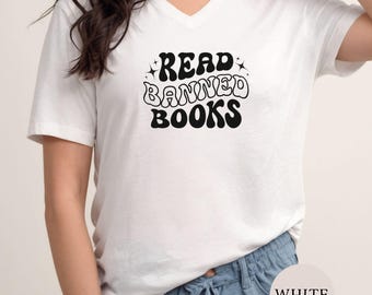 Retro Read Banned Books V-Neck Tee, Book Lover Shirt, Librarian Apparel