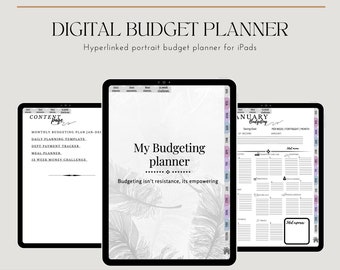 May include: Digital budget planner for iPads. The image shows three tablets displaying the planner's content, including monthly budgeting, daily planning, and meal planning templates. The text on the screen says "My Budgeting planner".